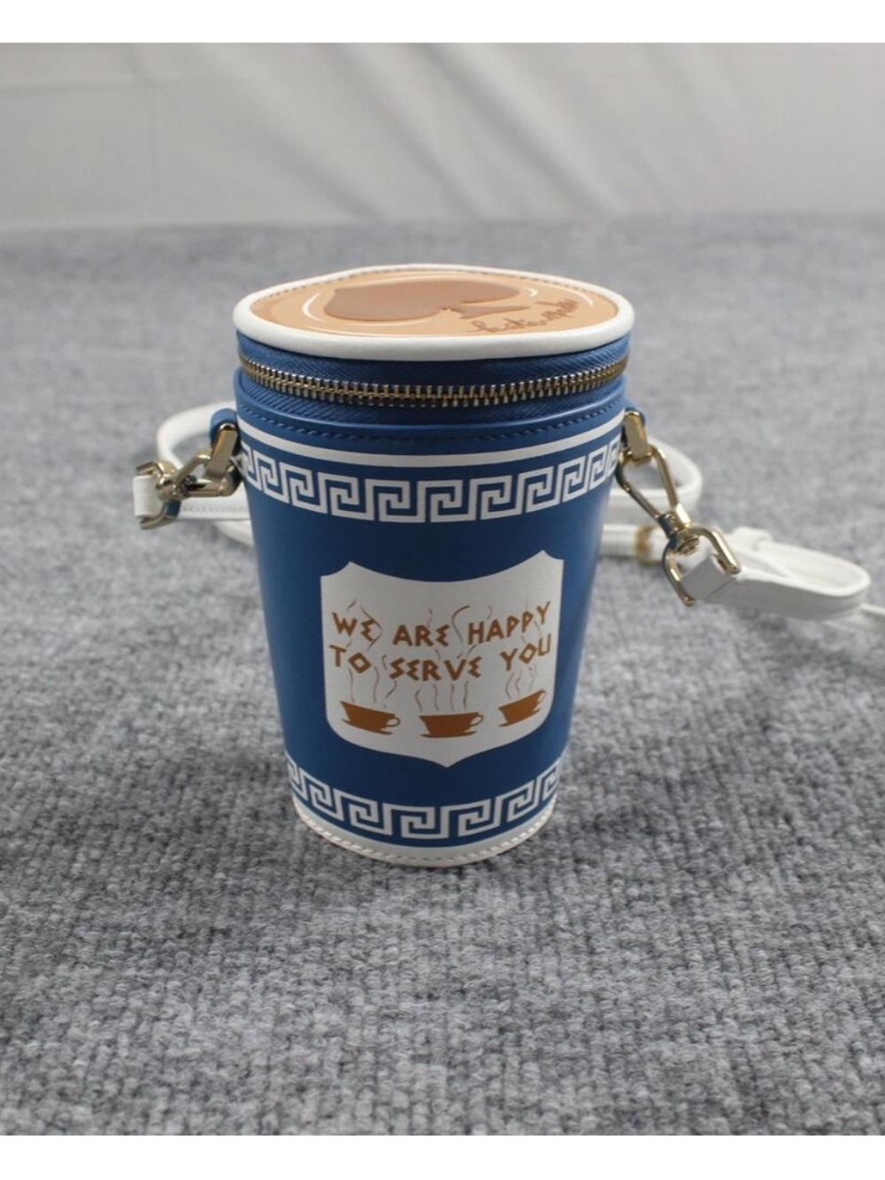 Kate Spade Blue & White Coffee Cup Crossbody Bag with Gold Accents